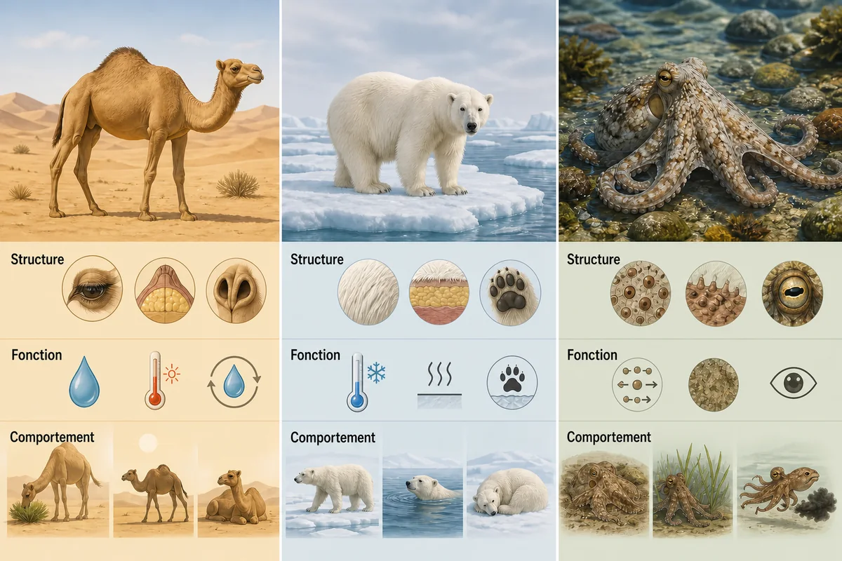 Comparaison éditoriale des adaptations du chameau, de l'ours polaire et de la pieuvre par structure, fonction et comportement