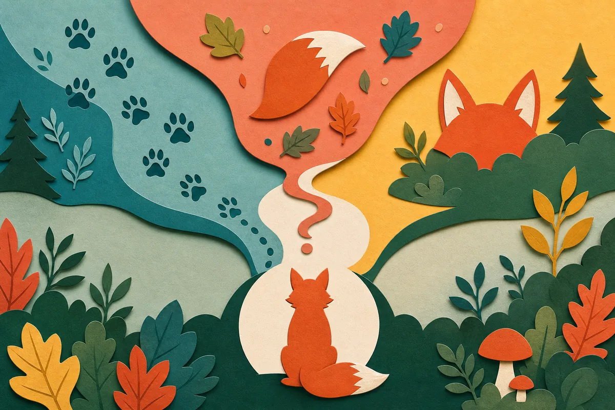 Fox trail combining paw prints, habitat, tail, and question-mark clues