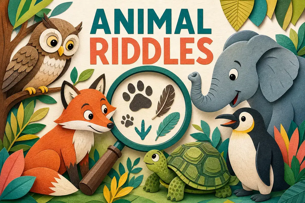 Owl, fox, elephant, penguin, and turtle gathered around animal tracks for a guessing game