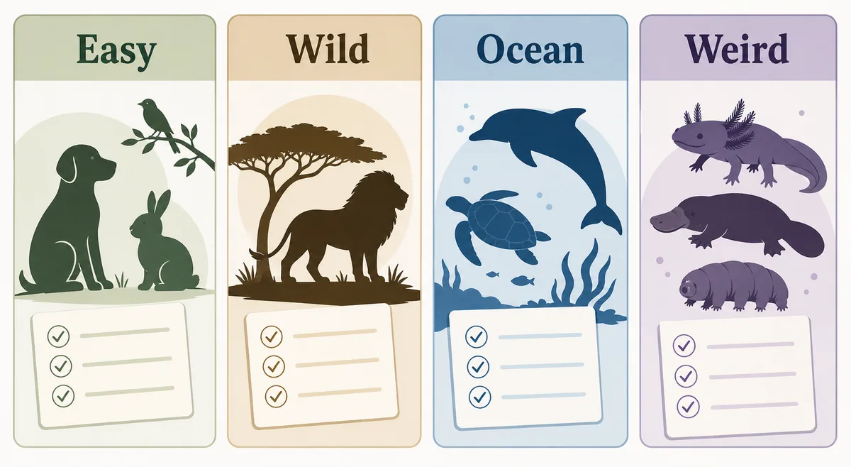 Four animal trivia categories shown as easy, wild, ocean, and weird question groups