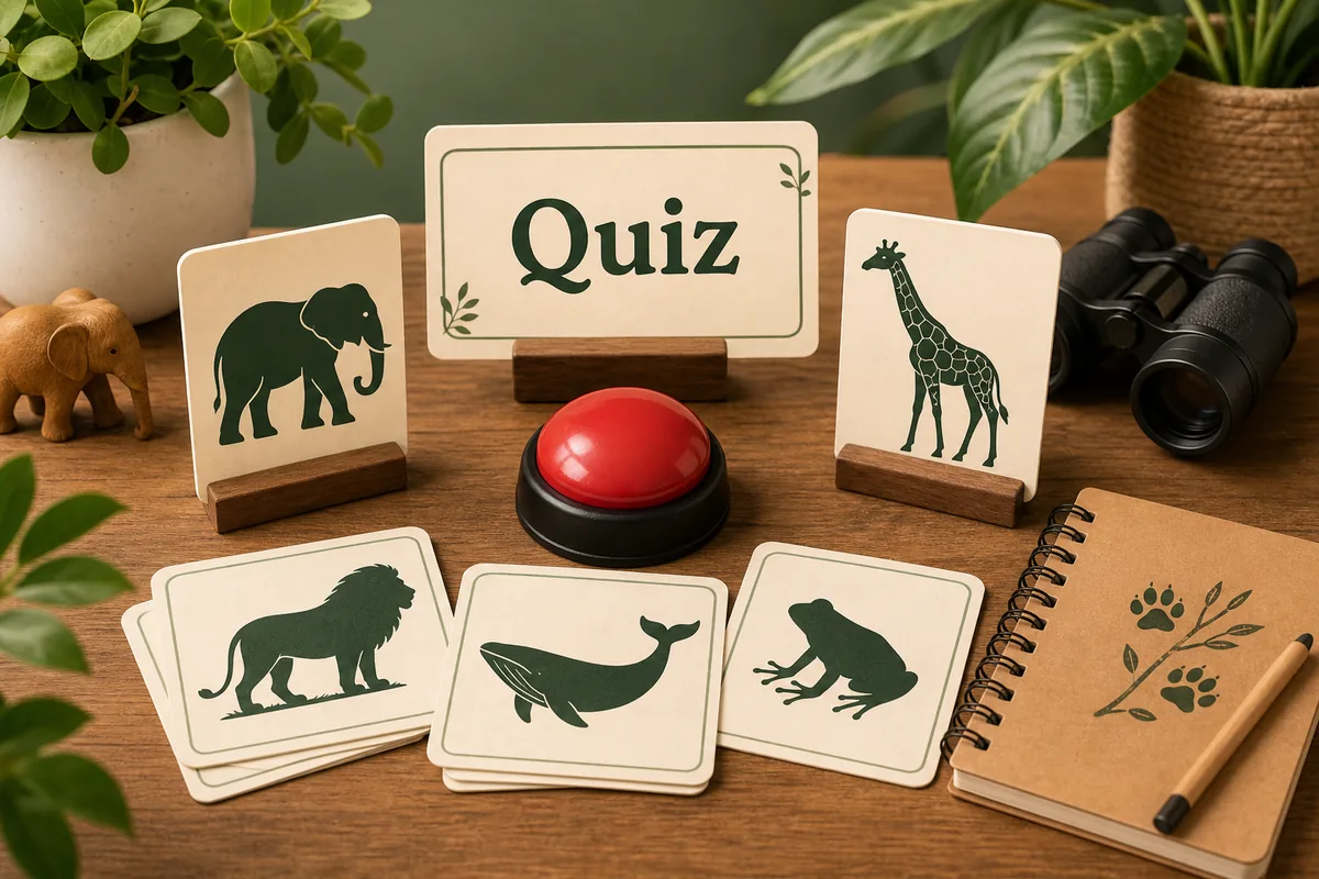 Animal trivia cards, buzzer, field notebook, and animal silhouettes arranged for a quiz game