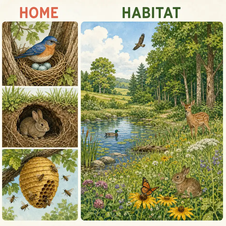 Visual comparison of a bird nest, rabbit burrow, beehive, and a wider woodland pond habitat