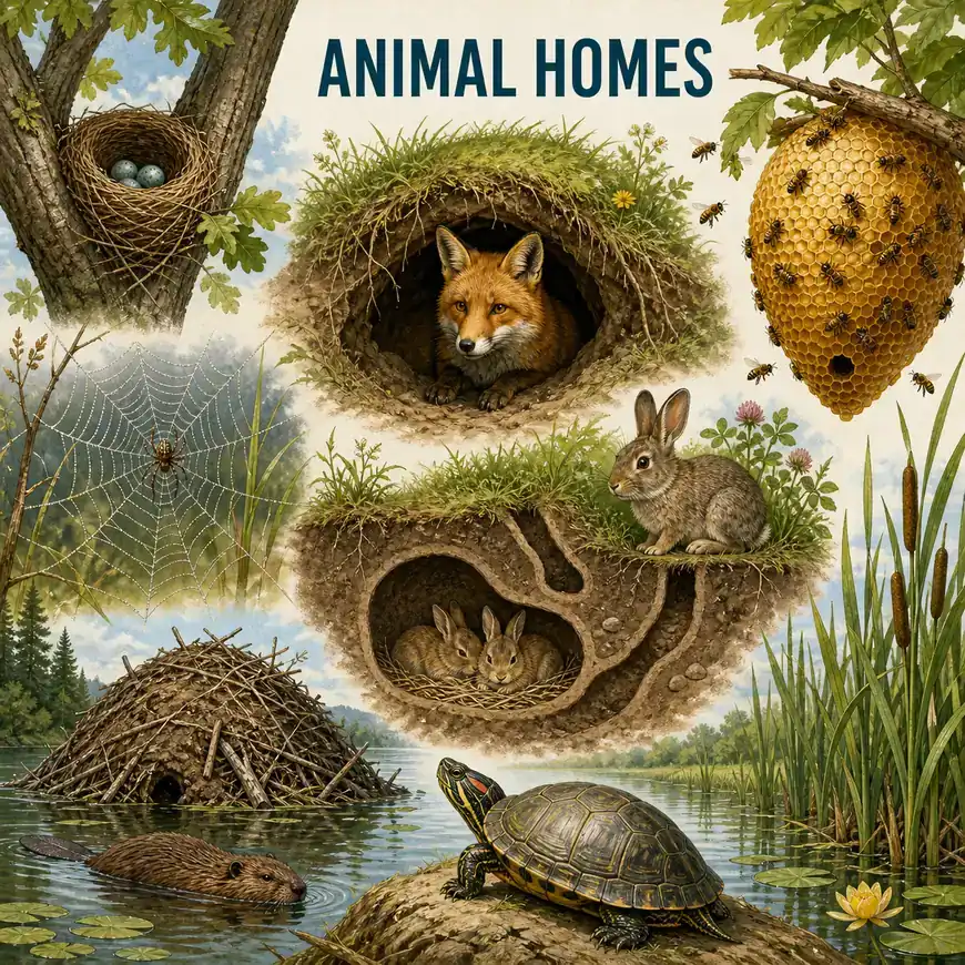 Illustrated animal homes including a bird nest, fox den, rabbit burrow, beehive, spider web, beaver lodge, and pond shelter
