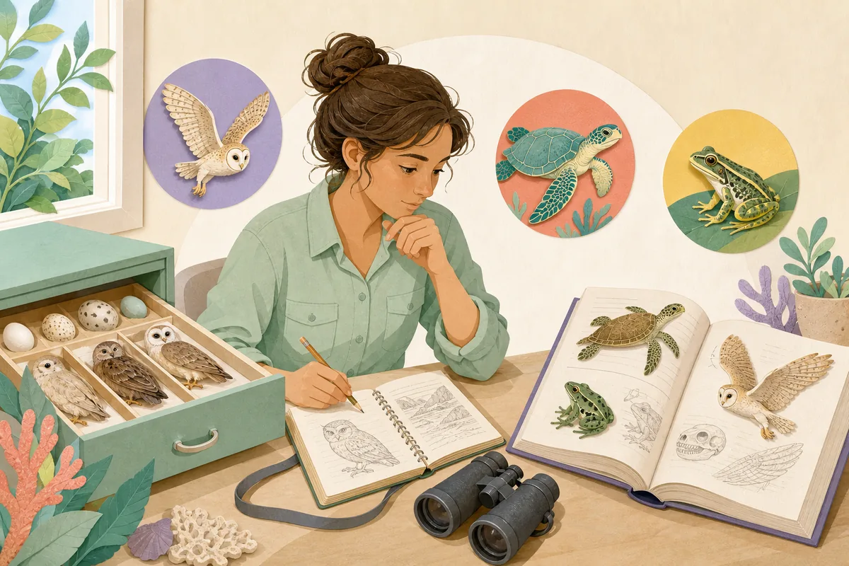 Forscherin vergleicht Feldnotizen, Museumsexemplare und ein Zoologiebuch