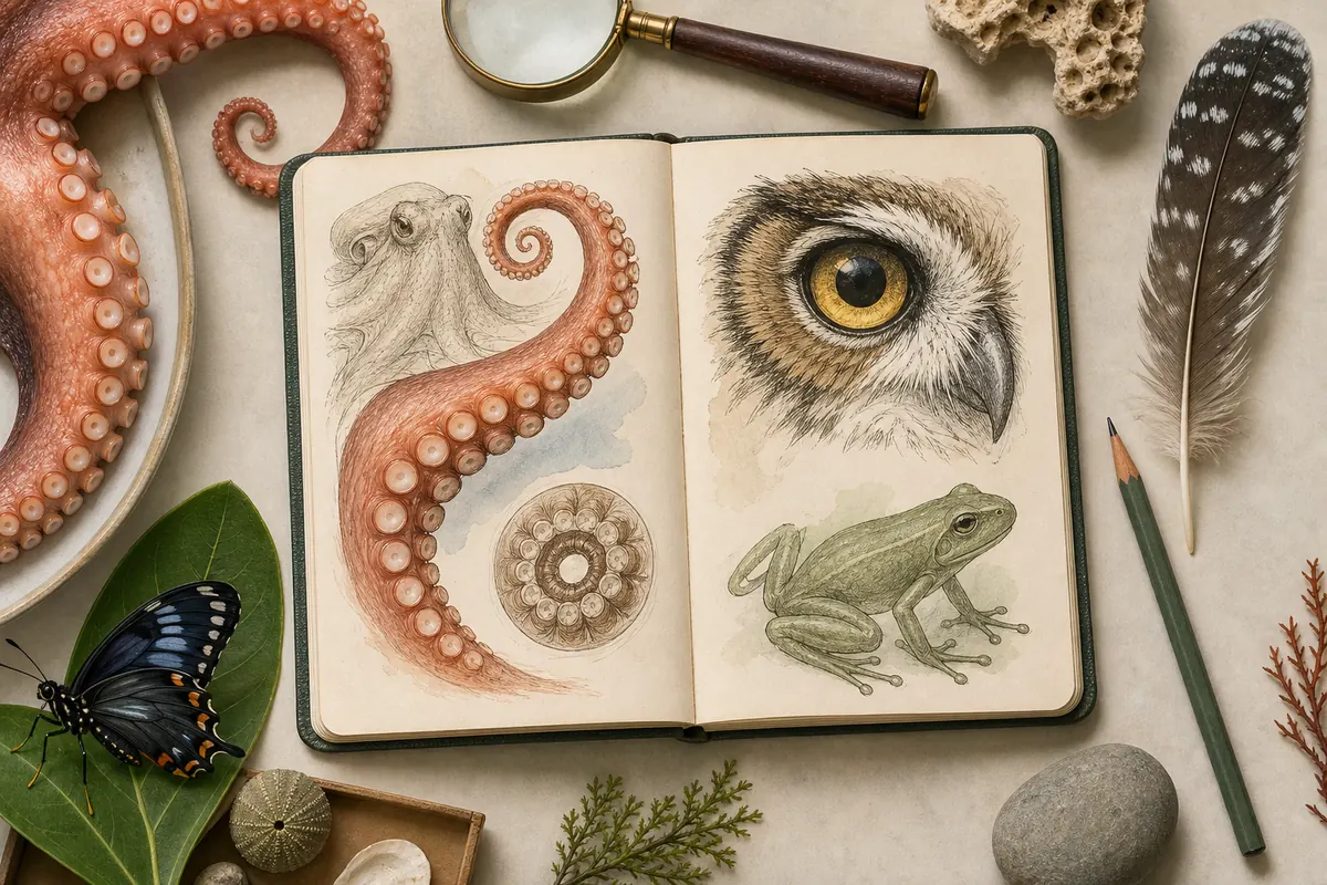 Weird Animal Facts natural history notebook with octopus, owl, butterfly, and frog clues